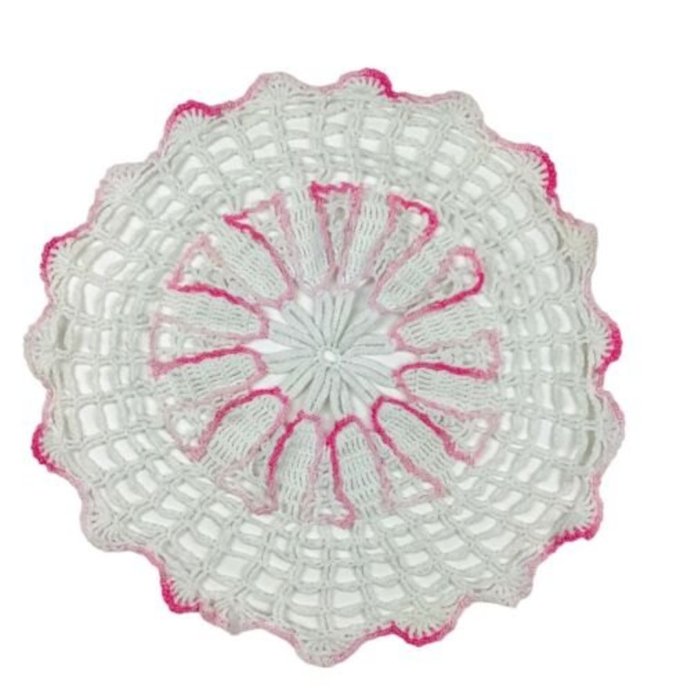 Crochet Doily Table Mat Round 13" Hand Crocheted White Pink Vintage